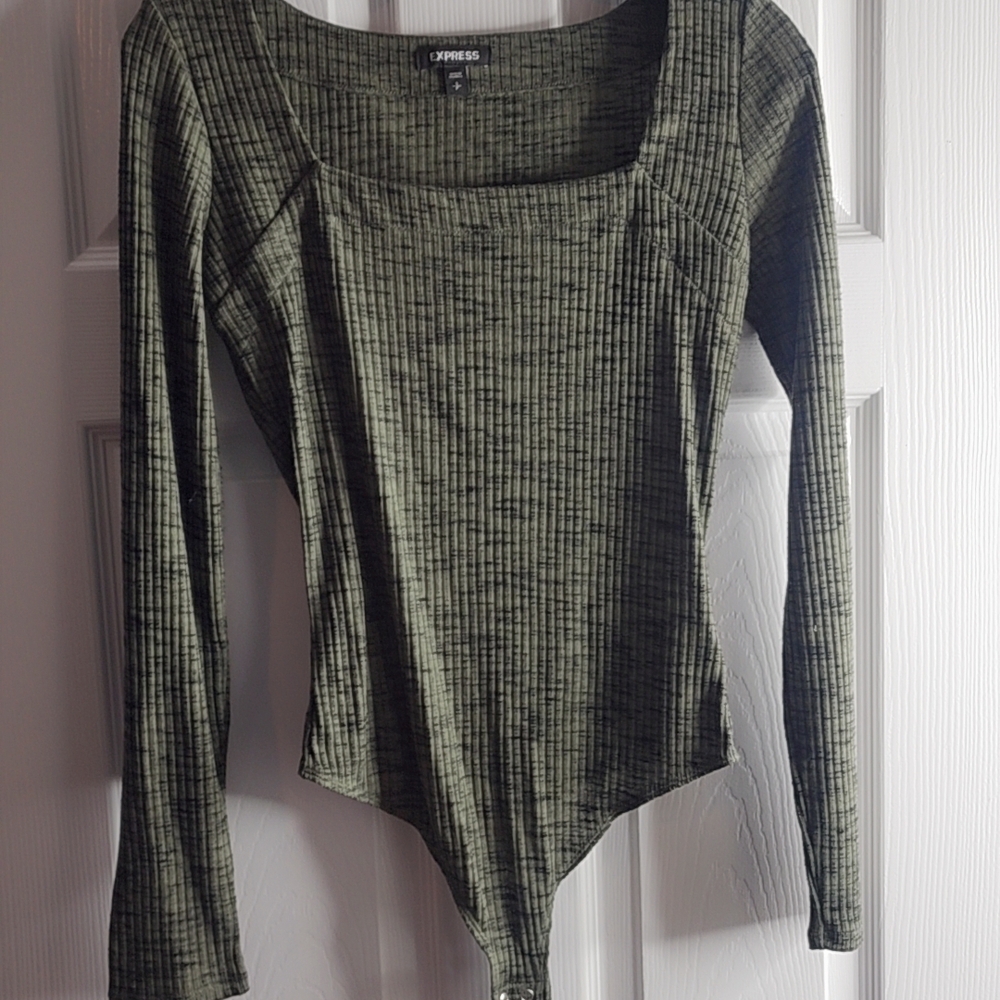 Express Olive Ribbed Long Sleeve Bodysuit